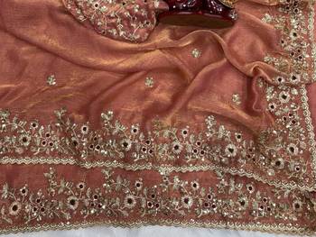 Peach Color Sequence Embroidery Work Frendy Chiffon Saree 3