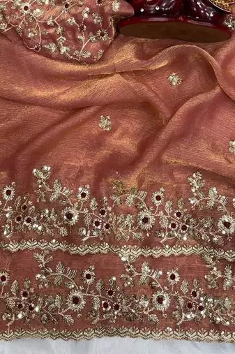 Peach Color Sequence Embroidery Work Frendy Chiffon Saree