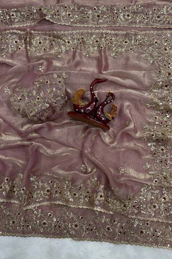 Pink Color Sequence Embroidery Work Frendy Chiffon Saree