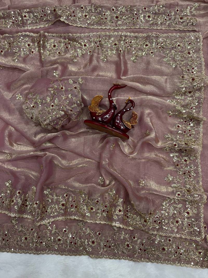 Pink Color Sequence Embroidery Work Frendy Chiffon Saree