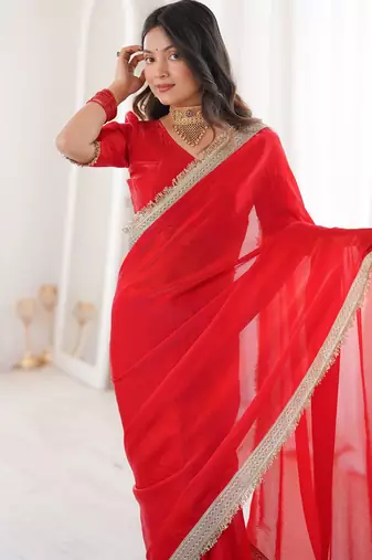 Red Color  Sequins Lace Border Work Satin Silk Saree