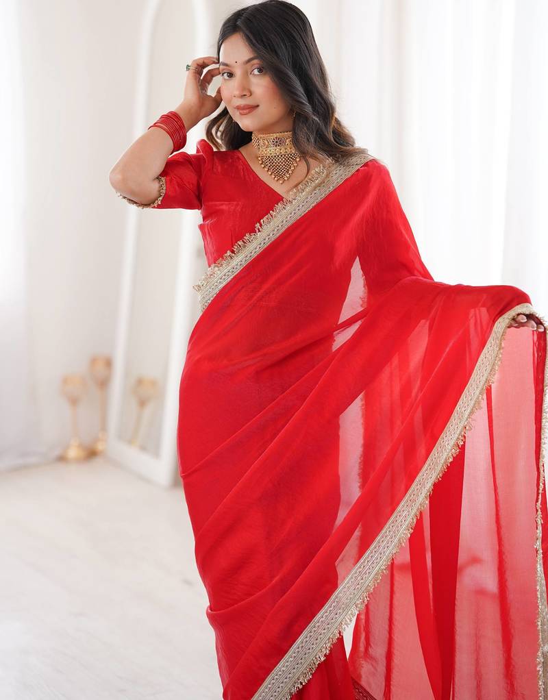 Red Color  Sequins Lace Border Work Satin Silk Saree