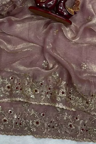 Pink Color Sequence Embroidery Work Frendy Chiffon Saree