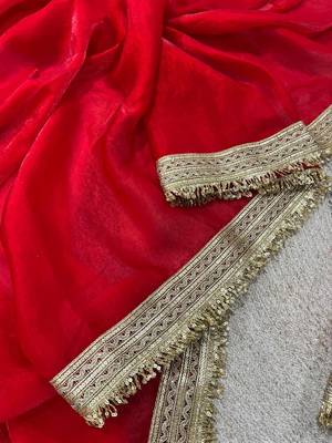 Red Color  Sequins Lace Border Work Satin Silk Saree 3
