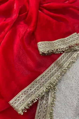 Red Color  Sequins Lace Border Work Satin Silk Saree