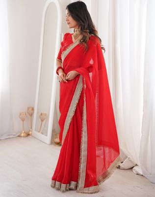 Red Color  Sequins Lace Border Work Satin Silk Saree 4