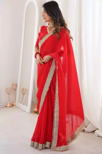 Red Color  Sequins Lace Border Work Satin Silk Saree
