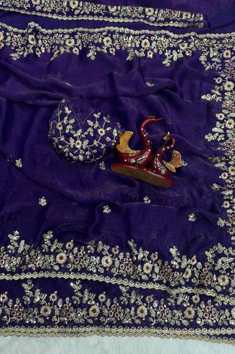 Purple Color Sequence Embroidery Work Frendy Chiffon Saree