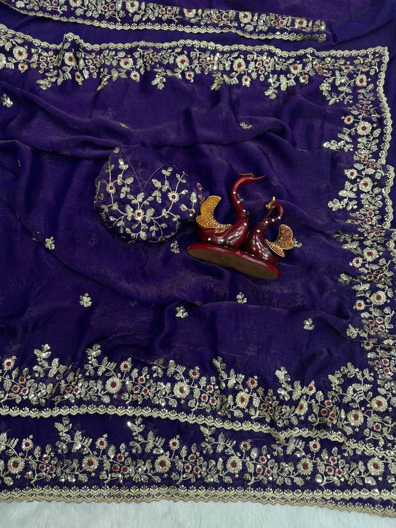 Purple Color Sequence Embroidery Work Frendy Chiffon Saree