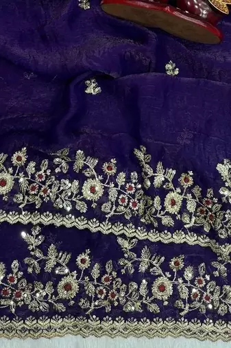 Purple Color Sequence Embroidery Work Frendy Chiffon Saree