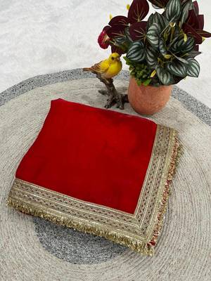 Red Color  Sequins Lace Border Work Satin Silk Saree 5