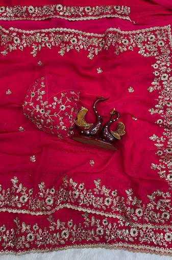 Rani Pink Color Sequence Embroidery Work Frendy Chiffon Saree