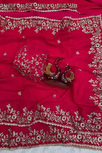 Rani Pink Color Sequence Embroidery Work Frendy Chiffon Saree