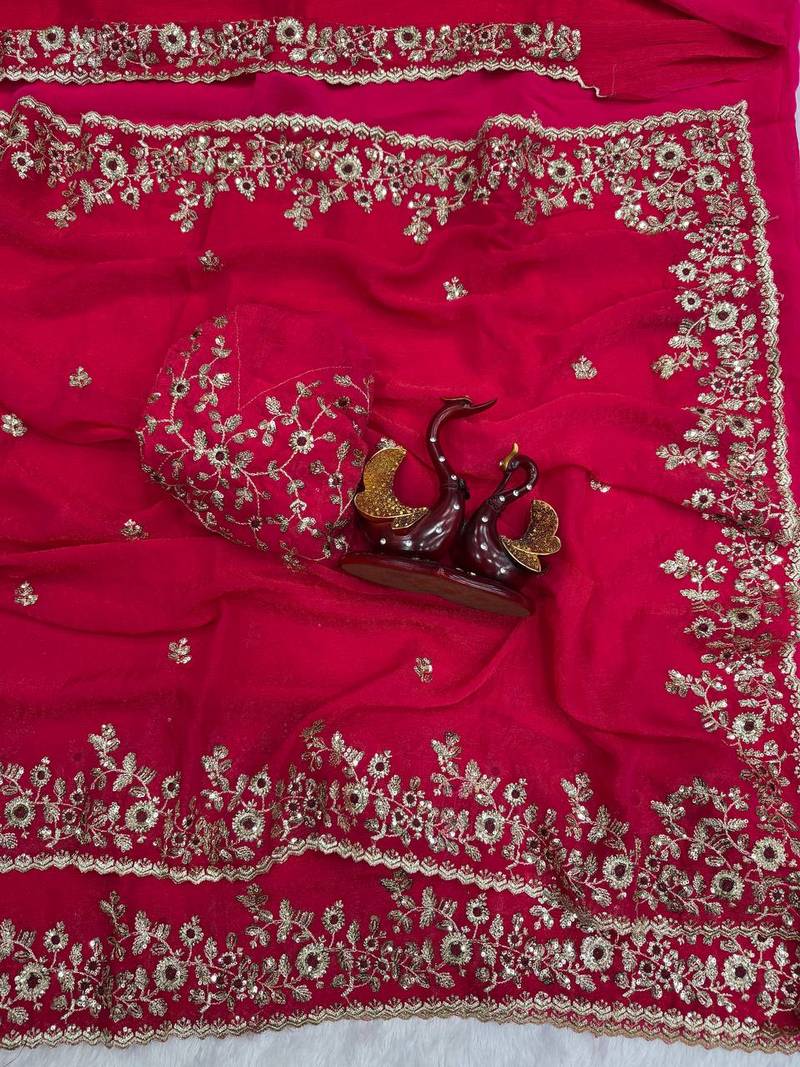 Rani Pink Color Sequence Embroidery Work Frendy Chiffon Saree