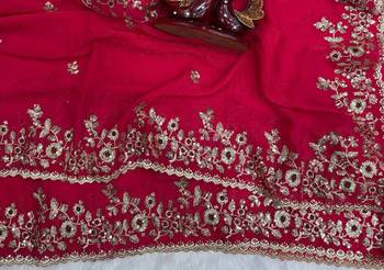 Rani Pink Color Sequence Embroidery Work Frendy Chiffon Saree 3