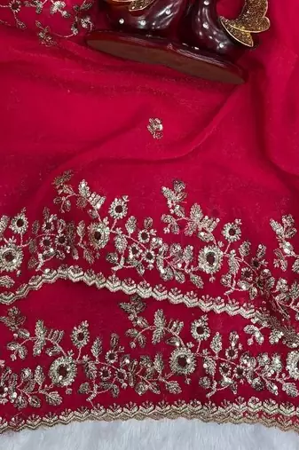 Rani Pink Color Sequence Embroidery Work Frendy Chiffon Saree