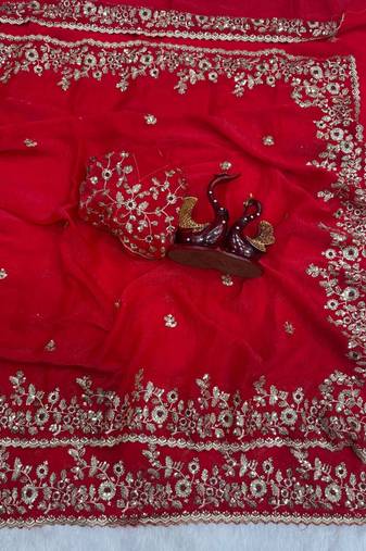 Red Color Sequence Embroidery Work Frendy Chiffon Saree
