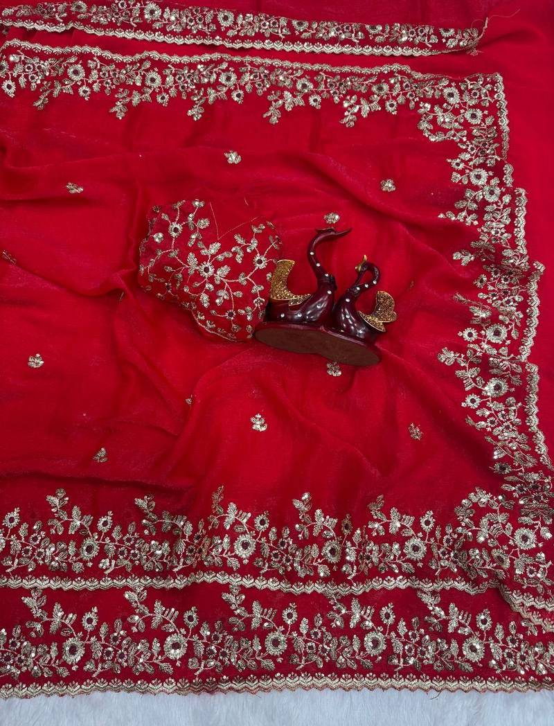 Red Color Sequence Embroidery Work Frendy Chiffon Saree