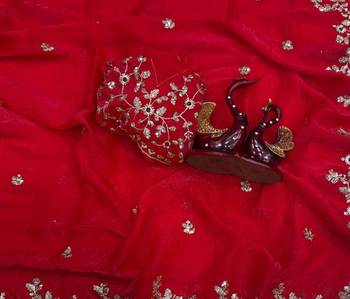 Red Color Sequence Embroidery Work Frendy Chiffon Saree 2
