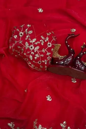 Red Color Sequence Embroidery Work Frendy Chiffon Saree