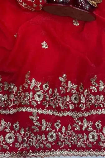 Red Color Sequence Embroidery Work Frendy Chiffon Saree