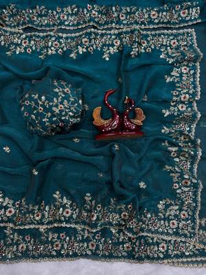 Teal Color Sequence Embroidery Work Frendy Chiffon Saree 1