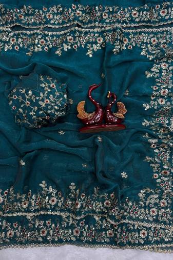 Teal Color Sequence Embroidery Work Frendy Chiffon Saree