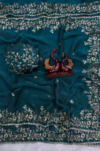 Teal Color Sequence Embroidery Work Frendy Chiffon Saree