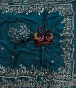 Teal Color Sequence Embroidery Work Frendy Chiffon Saree