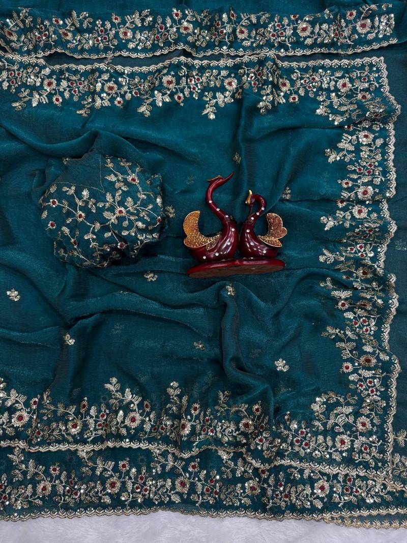 Teal Color Sequence Embroidery Work Frendy Chiffon Saree