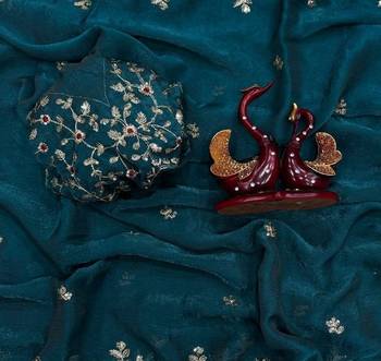 Teal Color Sequence Embroidery Work Frendy Chiffon Saree 2