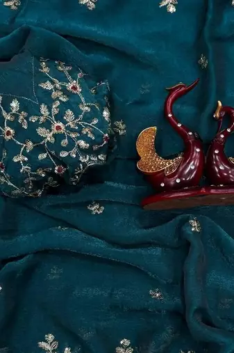 Teal Color Sequence Embroidery Work Frendy Chiffon Saree