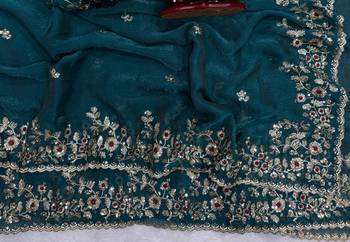 Teal Color Sequence Embroidery Work Frendy Chiffon Saree 3