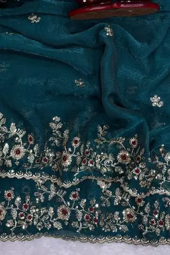 Teal Color Sequence Embroidery Work Frendy Chiffon Saree