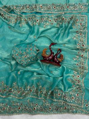 Turquoise Color Sequence Embroidery Work Frendy Chiffon Saree 1