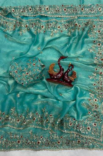 Turquoise Color Sequence Embroidery Work Frendy Chiffon Saree