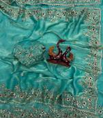 Turquoise Color Sequence Embroidery Work Frendy Chiffon Saree