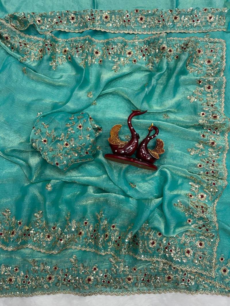 Turquoise Color Sequence Embroidery Work Frendy Chiffon Saree