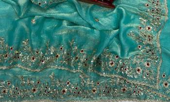 Turquoise Color Sequence Embroidery Work Frendy Chiffon Saree 3