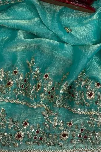 Turquoise Color Sequence Embroidery Work Frendy Chiffon Saree