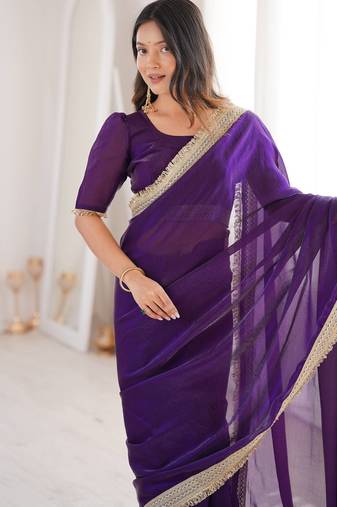 Blue Color  Sequins Lace Border Satin Silk Saree