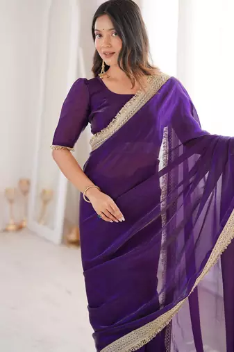 Blue Color  Sequins Lace Border Satin Silk Saree