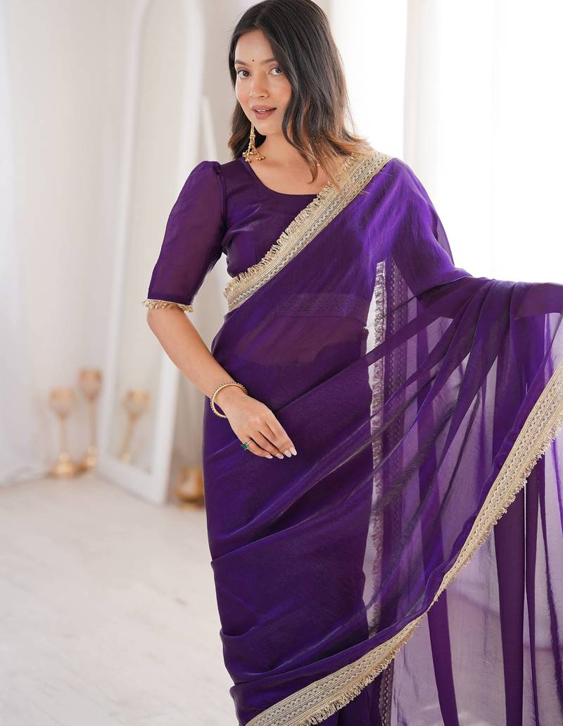 Blue Color  Sequins Lace Border Satin Silk Saree