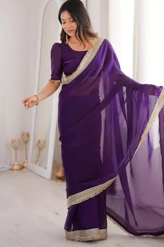 Blue Color  Sequins Lace Border Satin Silk Saree