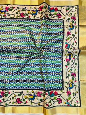 Sea-Green Color Printed golden zari border and zari pallu art silk saree 2