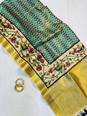 Sea-Green Color Printed golden zari border and zari pallu art silk saree 3