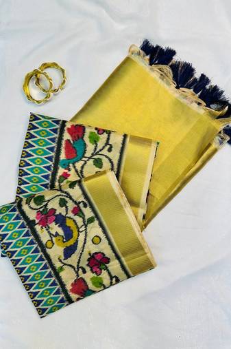 Sea-Green Color Printed golden zari border and zari pallu silk saree