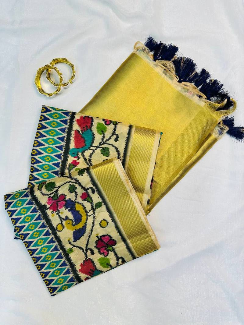 Sea-Green Color Printed golden zari border and zari pallu silk saree