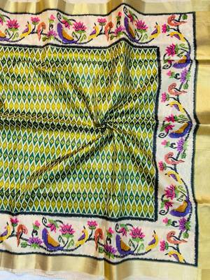 Green Color Printed golden zari border and zari pallu art silk saree 2