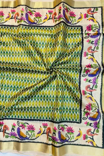 Green Color Printed golden zari border and zari pallu art silk saree